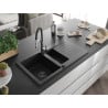 Mexen Matias granite sink 1.5-bowl with drainer and Aster kitchen faucet, black - 6502-77-73450-07-B