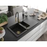 Mexen Matias 1.5-compartment granite sink with a drip tray and kitchen mixer tap Aster, Black - 6502-77-73450-57-G