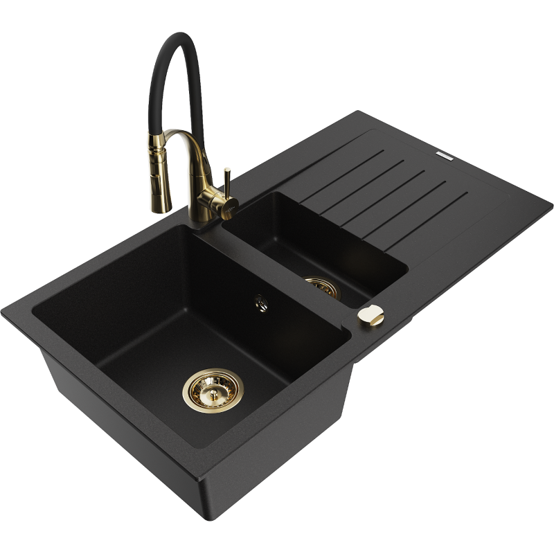 Mexen Matias granite sink 1.5-bowl with drainer and Aster kitchen tap, black - 6502-77-73450-57-G