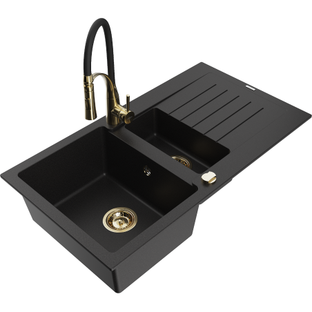 Mexen Matias granite sink 1.5-bowl with drainer and Aster kitchen faucet, black - 6502-77-73450-57-G