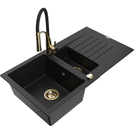 Mexen Matias granite sink 1.5-bowl with drainer and Aster kitchen tap, black - 6502-77-73450-57-G