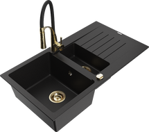 Mexen Matias granite sink 1.5-bowl with drainer and Aster kitchen faucet, black - 6502-77-73450-57-G