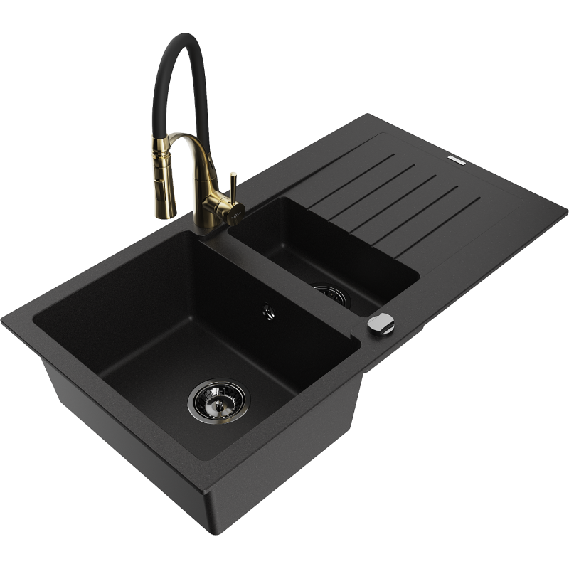 Mexen Matias 1.5-compartment granite sink with a drip tray and kitchen mixer tap Aster, Black - 6502-77-73450-57-B
