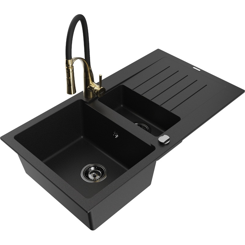 Mexen Matias granite sink 1.5-bowl with drainer and kitchen faucet Aster, black - 6502-77-73450-57-B