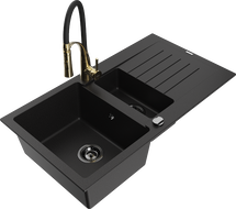 Mexen Matias 1.5-bowl granite sink with drainer and Aster kitchen faucet, black - 6502-77-73450-57-B