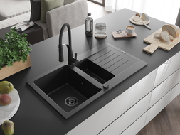 Mexen Matias 1.5-compartment granite sink with a drip tray and kitchen mixer tap Aster, Black - 6502-77-73450-70-B