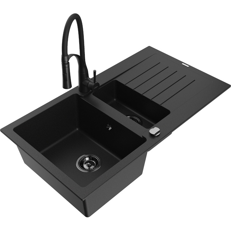 Mexen Matias granite sink 1.5-bowl with drainer and Aster kitchen faucet, black - 6502-77-73450-70-B