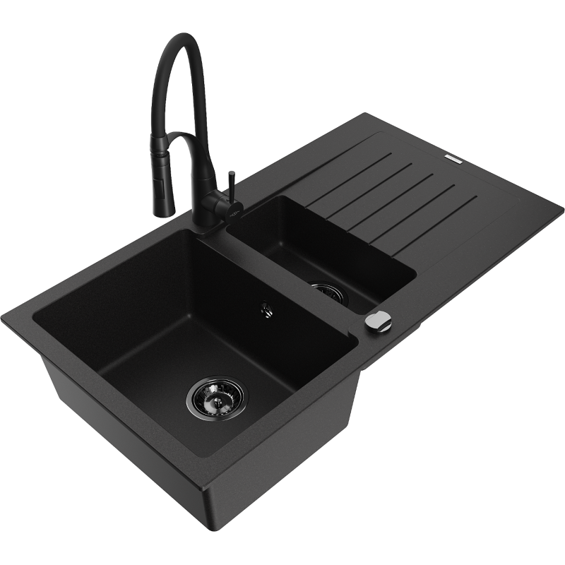 Mexen Matias granite sink 1.5-bowl with drainer and Aster kitchen tap, black - 6502-77-73450-70-B