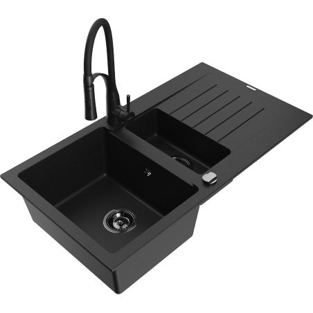 Mexen Matias granite sink 1.5-bowl with drainer and Aster kitchen faucet, black - 6502-77-73450-70-B