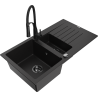 Mexen Matias granite sink 1.5-bowl with drainer and Aster kitchen faucet, black - 6502-77-73450-70-B