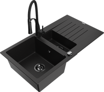 Mexen Matias granite sink 1.5-bowl with drainer and Aster kitchen faucet, black - 6502-77-73450-70-B