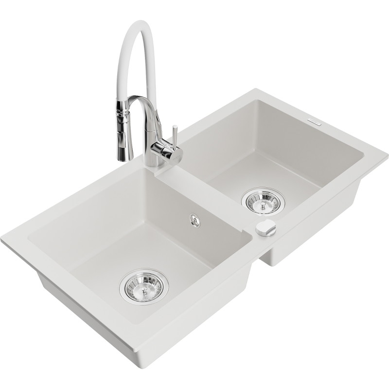Mexen Mario 2-bowl granite sink with Aster kitchen faucet, white - 6504-20-73450-02