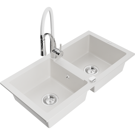 Mexen Mario 2-compartment granite sink with a kitchen mixer tap Aster, White - 6504-20-73450-02