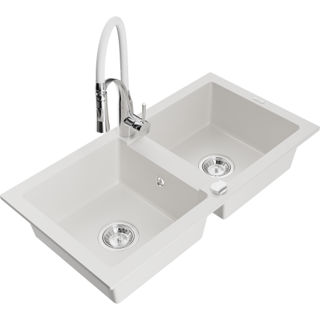 Mexen Mario granite kitchen sink 2-bowl with Aster kitchen tap, white - 6504-20-73450-02