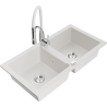 Mexen Mario 2-bowl granite sink with Aster kitchen faucet, white - 6504-20-73450-02