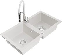 Mexen Mario granite kitchen sink 2-bowl with Aster kitchen tap, white - 6504-20-73450-02