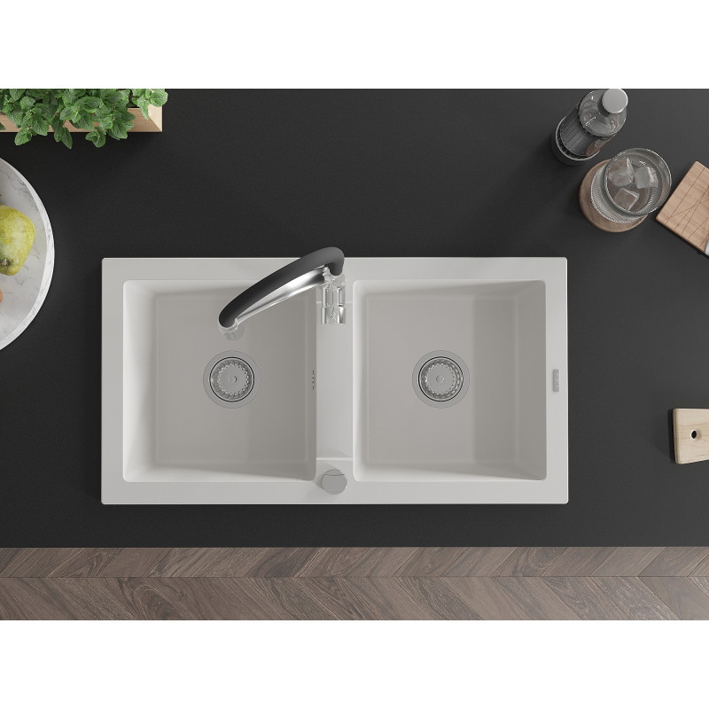 Mexen Mario 2-bowl granite kitchen sink with Aster kitchen faucet, white - 6504-20-73450-07