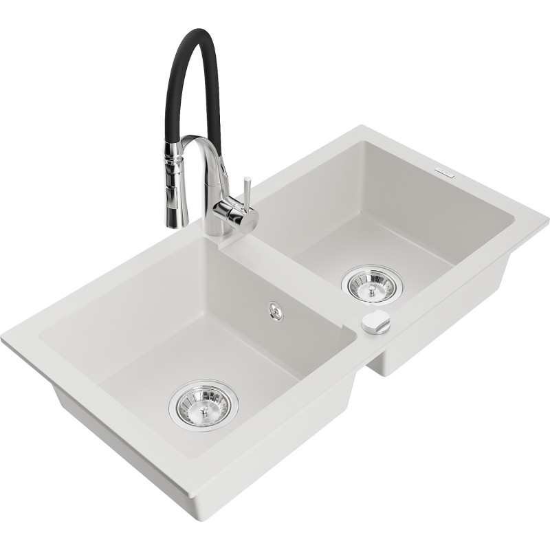 Mexen Mario 2-bowl granite kitchen sink with Aster kitchen faucet, white - 6504-20-73450-07