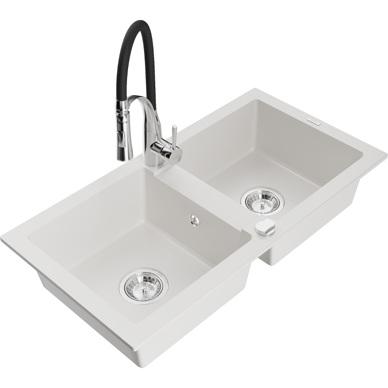 Mexen Mario 2-compartment granite sink with a kitchen mixer tap Aster, White - 6504-20-73450-07