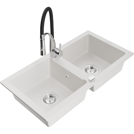 Mexen Mario 2-compartment granite sink with a kitchen mixer tap Aster, White - 6504-20-73450-07