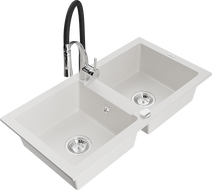 Mexen Mario 2-Bowl Granite Kitchen Sink with Aster Faucet, White - 6504-20-73450-07
