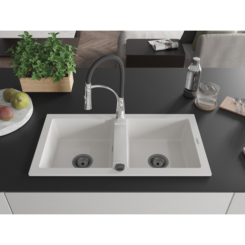 Mexen Mario 2-bowl granite sink with Aster kitchen faucet, white - 6504-20-73450-07-B