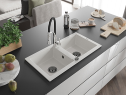 Mexen Mario granite double-bowl sink with Aster kitchen faucet, white - 6504-20-73450-07-B