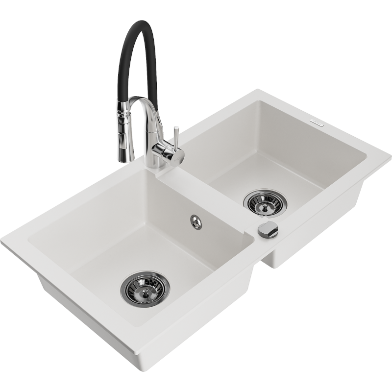 Mexen Mario 2-compartment granite sink with a kitchen mixer tap Aster, White - 6504-20-73450-07-B