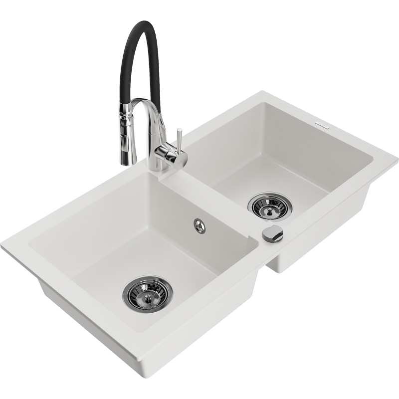 Mexen Mario granite double-bowl sink with Aster kitchen faucet, white - 6504-20-73450-07-B