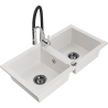 Mexen Mario granite double-bowl sink with Aster kitchen faucet, white - 6504-20-73450-07-B