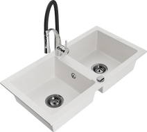 Mexen Mario granite kitchen sink 2-bowl with Aster kitchen tap, white - 6504-20-73450-07-B