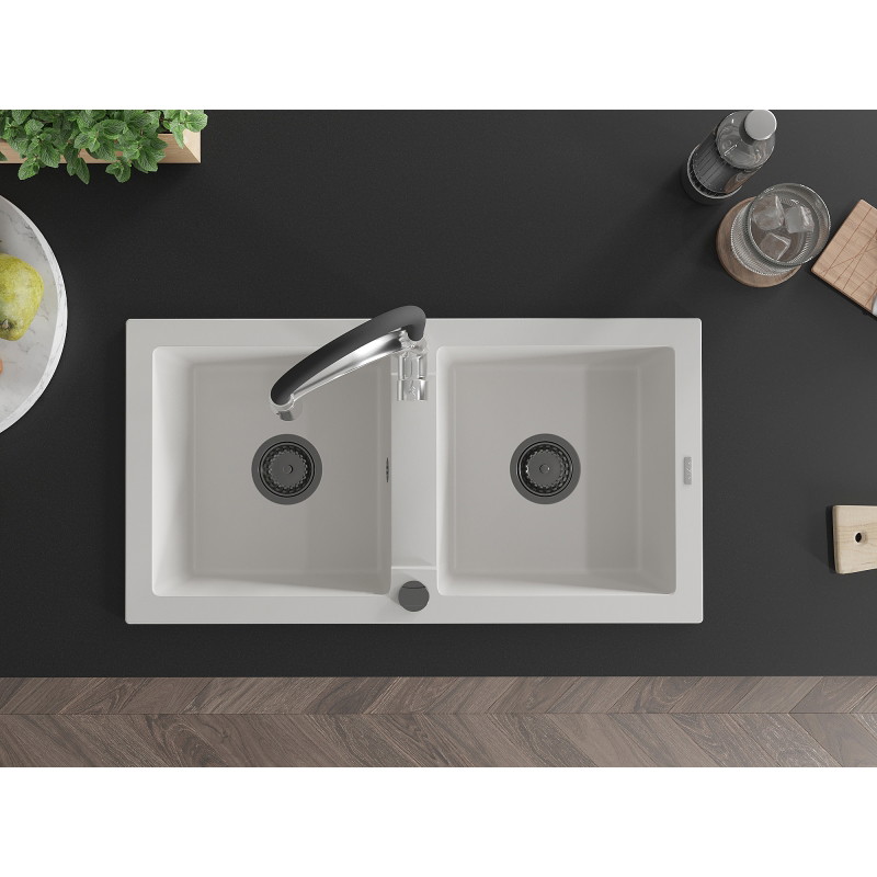 Mexen Mario 2-bowl granite sink with Aster kitchen faucet, white - 6504-20-73450-07-B