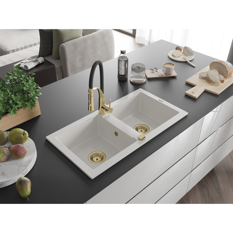 Mexen Mario 2-chamber granite sink with Aster kitchen faucet, white - 6504-20-73450-57-G