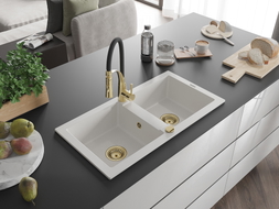 Mexen Mario granite kitchen sink double-bowl with Aster kitchen faucet, white - 6504-20-73450-57-G