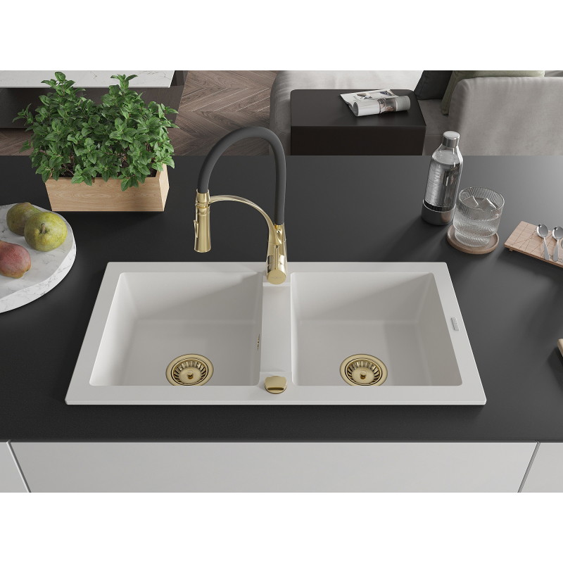Mexen Mario 2-chamber granite sink with Aster kitchen faucet, white - 6504-20-73450-57-G