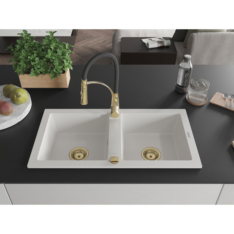 Mexen Mario granite kitchen sink 2-bowl with Aster kitchen tap, white - 6504-20-73450-57-G