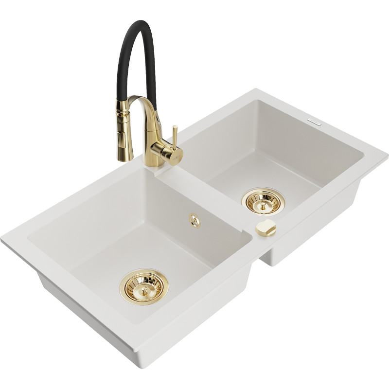 Mexen Mario 2-chamber granite sink with Aster kitchen faucet, white - 6504-20-73450-57-G