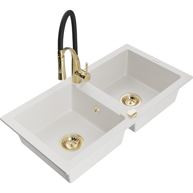 Mexen Mario granite kitchen sink 2-bowl with Aster kitchen tap, white - 6504-20-73450-57-G