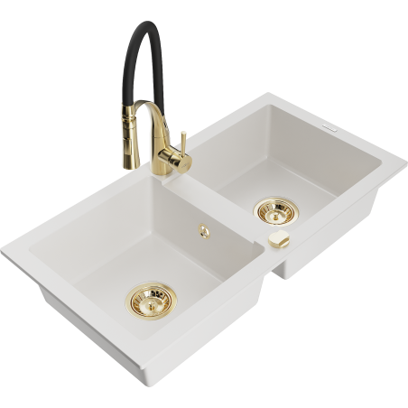 Mexen Mario granite kitchen sink double-bowl with Aster kitchen faucet, white - 6504-20-73450-57-G