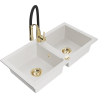 Mexen Mario granite kitchen sink double-bowl with Aster kitchen faucet, white - 6504-20-73450-57-G