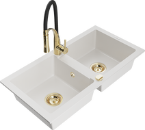 Mexen Mario granite kitchen sink 2-bowl with Aster kitchen tap, white - 6504-20-73450-57-G