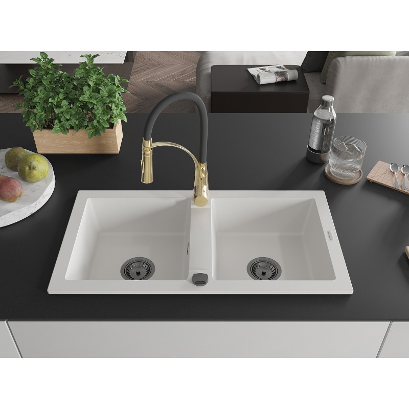 Mexen Mario 2-bowl granite kitchen sink with Aster faucet, white - 6504-20-73450-57-B
