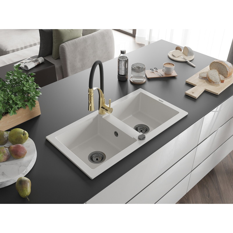 Mexen Mario 2-bowl granite kitchen sink with Aster faucet, white - 6504-20-73450-57-B