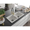 Mexen Mario 2-bowl granite kitchen sink with Aster faucet, white - 6504-20-73450-57-B