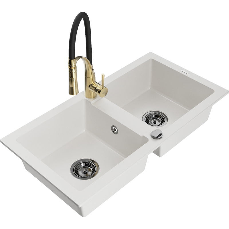 Mexen Mario 2-bowl granite kitchen sink with Aster faucet, white - 6504-20-73450-57-B