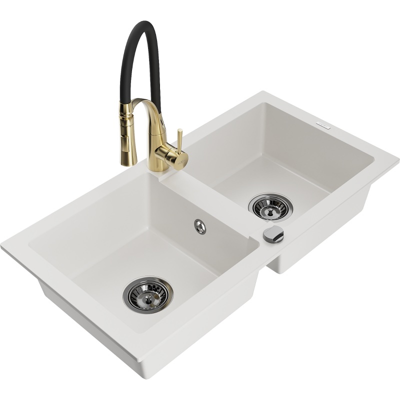 Mexen Mario 2-compartment granite sink with a kitchen mixer tap Aster, White - 6504-20-73450-57-B