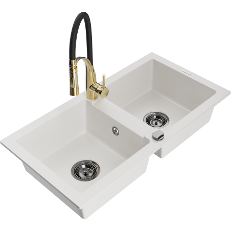 Mexen Mario 2-bowl granite kitchen sink with Aster kitchen faucet, white - 6504-20-73450-57-B