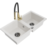 Mexen Mario 2-bowl granite kitchen sink with Aster kitchen faucet, white - 6504-20-73450-57-B