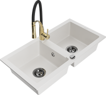 Mexen Mario 2-bowl granite kitchen sink with Aster kitchen faucet, white - 6504-20-73450-57-B