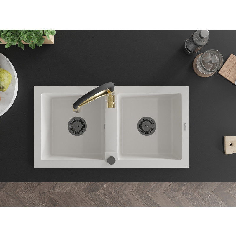 Mexen Mario 2-bowl granite kitchen sink with Aster faucet, white - 6504-20-73450-57-B